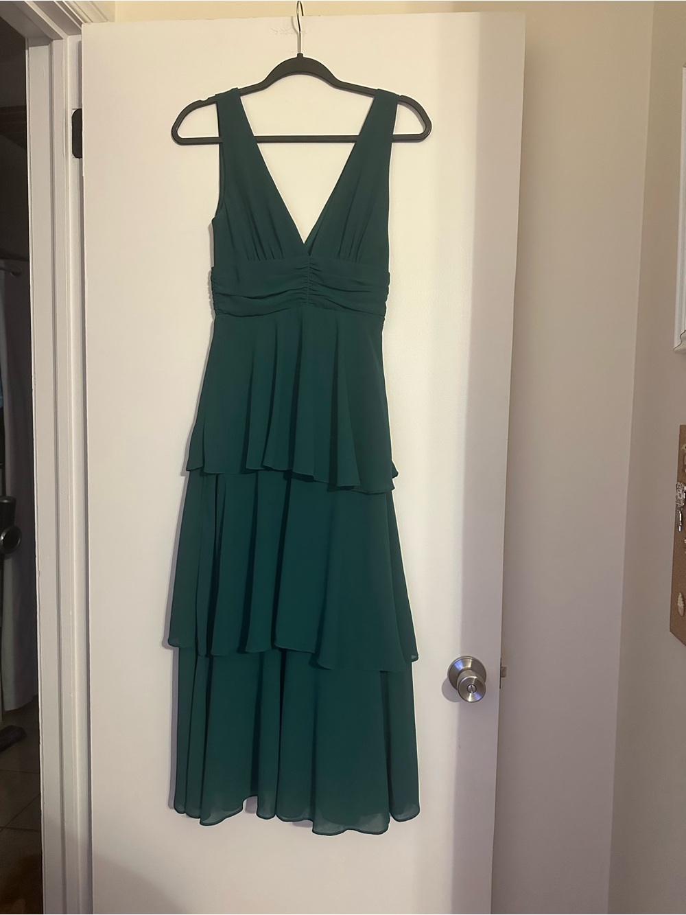 Lulu's Green Midi Tiered Ruffle Hem V neck Dress